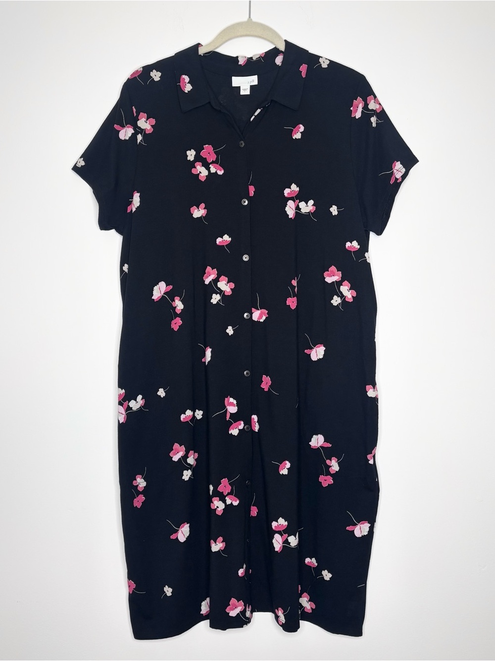J. Jill Black Pink Floral Pima Cotton Modal Shirt Dress Pockets Comfy Travel L